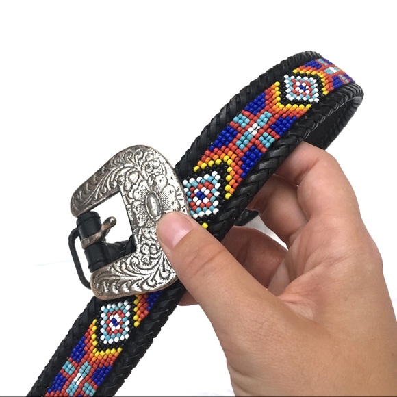 Vintage Accessories - Vintage Southwestern Beaded Black Leather Belt